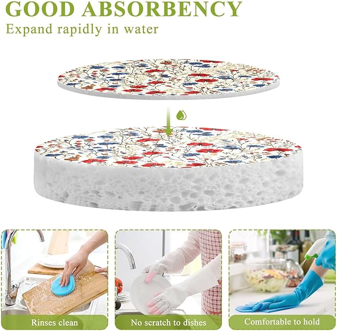 Red Blue Wildflowers Kitchen Scrub Sponges, Pop-up Kitchen Cleaning Sponges Reusable Dish Washing Sponges for Bathroom Household Cleaning 3 Pack - Non Scratch Scrubber