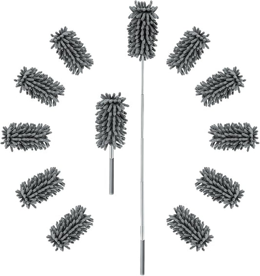 12 Pack High Duster with Extension Pole, Reusable & Washable Feather Duster, Microfiber Dusters for Cleaning for Ceiling Fan, Sofas, Ceiling, Car, Cabinet, Furniture, Blind(Gray)