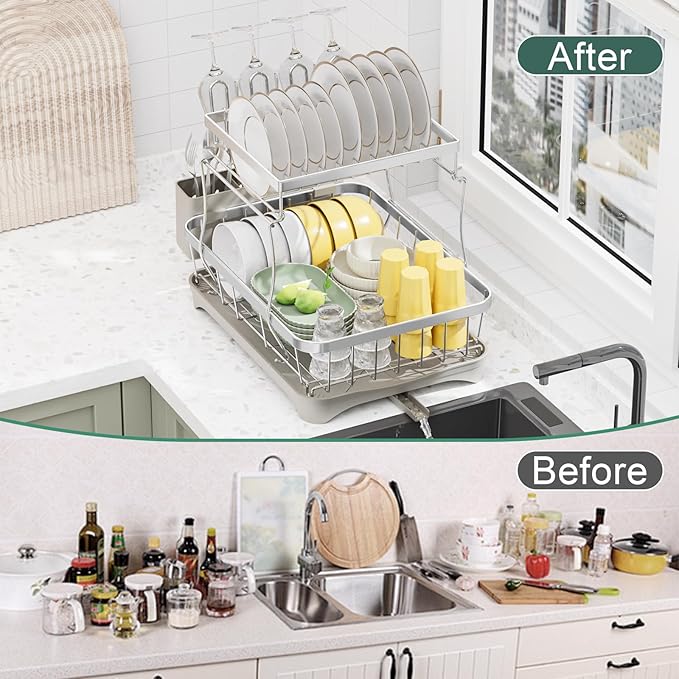 LIYI Dish Drying Rack,Large Dish Rack for Kitchen Counter,2-Tier Dish Racks with draining Tray,Detachable Capacity Dish Drainer Organizer,Grey