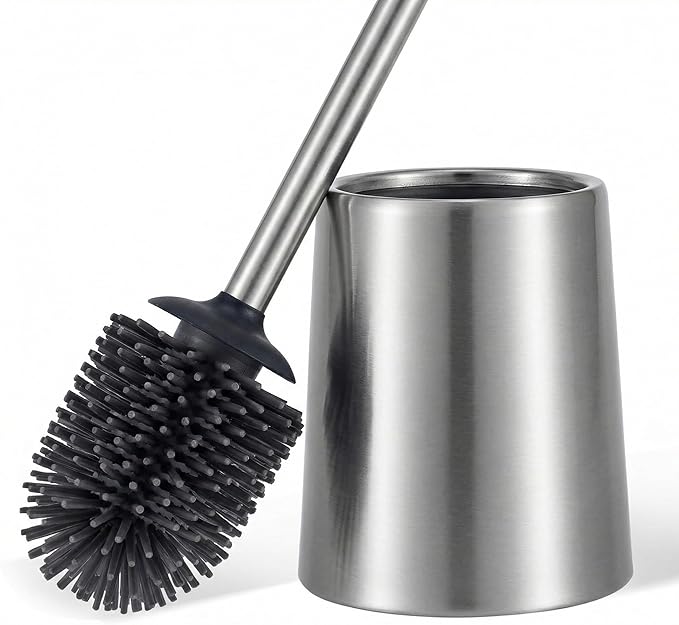 SUS304 Stainless Steel Toilet Brush and Holder Set Toilet Brush Case Cleaner for Toilet Bowl Bathroom Cleaning Brush Caddy Cepillo de Baño wih Oily Coating Brushed Stainless Silver