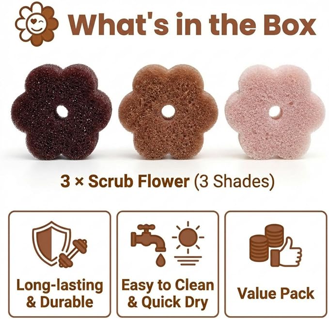 Scrub Flower Temperature Sensitive Sponges -Non-Scratch Scrubbers for Kitchen & Home - Firm in Cold & Soft in Warm Water - Odor Resistant Color-Coded Dish Sponges (Earth Dahlia, 3 Count)