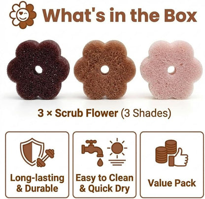 Scrub Flower Temperature Sensitive Sponges -Non-Scratch Scrubbers for Kitchen & Home - Firm in Cold & Soft in Warm Water - Odor Resistant Color-Coded Dish Sponges (Earth Dahlia, 3 Count)