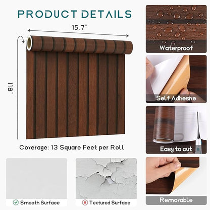 VEELIKE Walnut Wooden Slat Wallpaper Peel and Stick Waterproof Dark Wood Contact Paper for Walls 15.7''x118'' Self Adhesive Removable Faux Wood Slats Wall Panel Wallpaper for Bedroom Accent Wall Décor