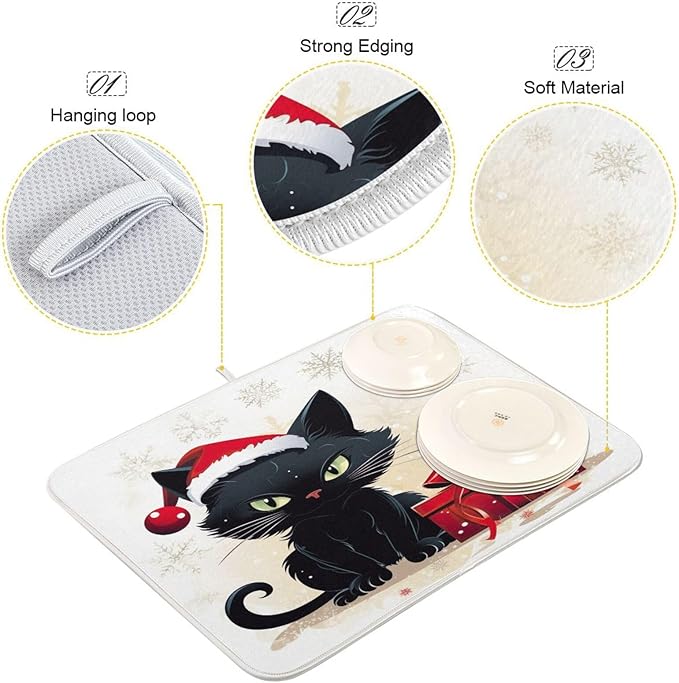 Christmas Dish Drying Mat Kitchen Counter Absorbent Black Cat Coffee Sink Mat Dish Drainer Pad 18 Inch x 24 Inch