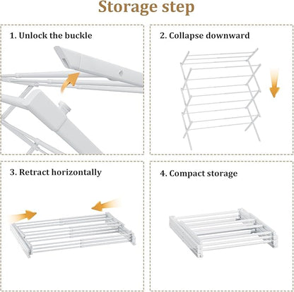 Foldable Drying Rack Clothing, 3-Tier Portable Clothes Drying Racks for Indoor & Outdoor, Anti-Rust Compact Laundry Rack Collapsible, White 29" D x 14" W x 41" H