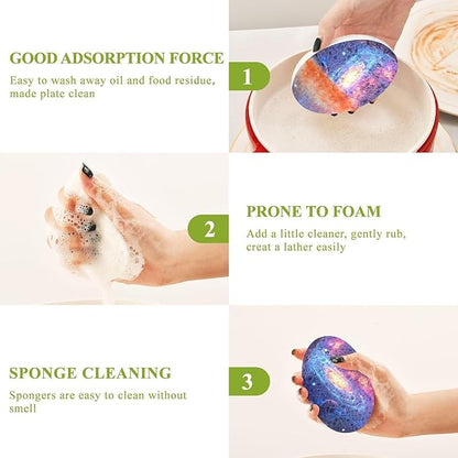 Galaxy Kitchen Scrub Sponges, Pop-up Kitchen Cleaning Sponges Reusable Dish Washing Sponges for Bathroom Household Cleaning 3 Pack - Non Scratch Scrubber