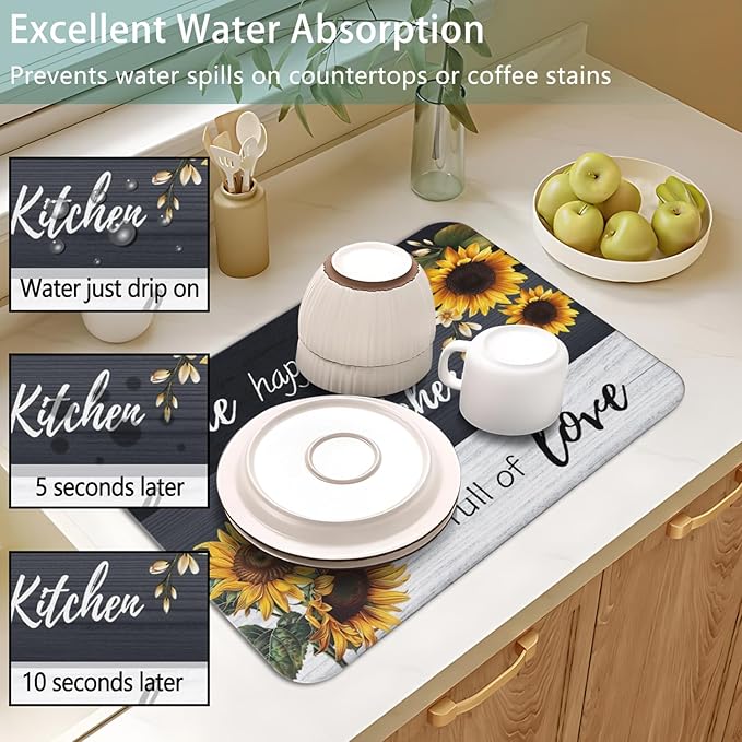 Dish Drying Mat for Kitchen Counter 2 Pack with Non-Slip Rubber Backing - Heat-Resistant Absorbent Coffee Bar Mat, Dish Rack Mat, Sunflower Dish Drying Mats 18x24+19.5x12 inch