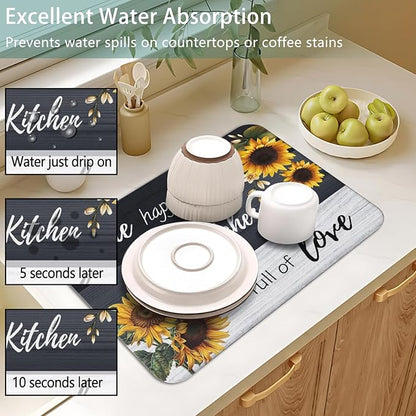 Dish Drying Mat for Kitchen Counter 2 Pack with Non-Slip Rubber Backing - Heat-Resistant Absorbent Coffee Bar Mat, Dish Rack Mat, Sunflower Dish Drying Mats 18x24+19.5x12 inch