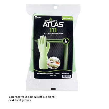 SHOWA 111 Skin-Friendly Dishwashing Gloves, Latex-Free PVC, Reusable Housekeeping Gloves with Cotton Liner, Non-Slip Grip for Kitchen & Gardening, Made in Japan, Large, 2-Pairs