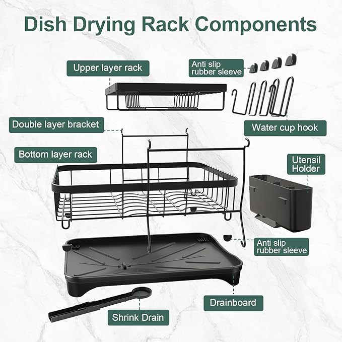 LIYI Dish Drying Rack,Large Dish Rack for Kitchen Counter,2-Tier Dish Racks with draining Tray,Detachable Capacity Dish Drainer Organizer,Black