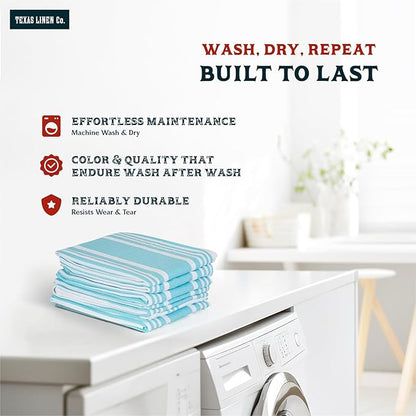 TEXAS LINEN CO. American Stripe Kitchen Towels 100% Cotton Pack of 6, Highly Absorbent Quick Drying, Soft Dish Towels 20x30 Inch for Kitchen with Hanging Loop, Hand & Tea Towel - Aqua & White Striped