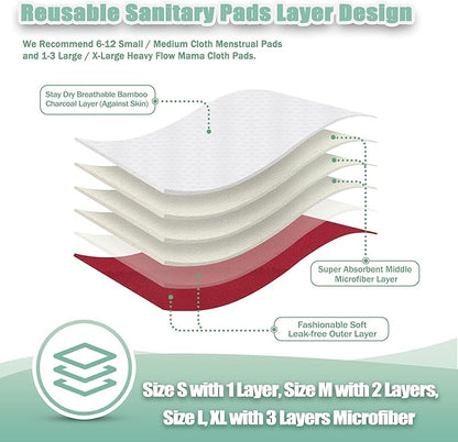 Wegreeco Cloth Menstrual Pads - Soft Washable Pads for Women - Reusable Panty Liners for Women - 6 Pack with 1 Cloth Mini Wet Bag (Large, Burgundy)