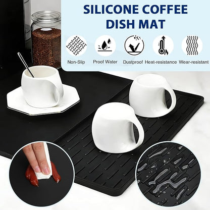 Silicone Coffee Mat 24" x 16", Heat Resistant Non Slip Leak Proof with Concave Convex Design & Detachable Drying Layer, Coffee Bar Mat for Espresso Machine, Coffee Maker Countertops (Black)