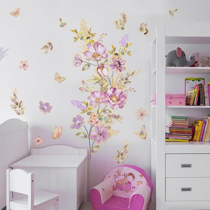 Flower and Butterfly Wall Stickers Purple Flowers with Butterflies Wall Decals Nature Theme Peel and Stick Waterproof Clings for Living Room Bedroom (Purple Flowers)