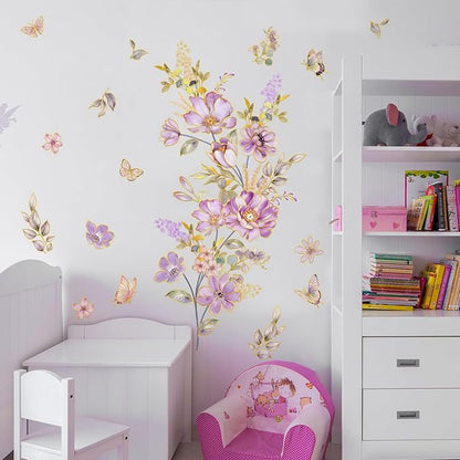Flower and Butterfly Wall Stickers Purple Flowers with Butterflies Wall Decals Nature Theme Peel and Stick Waterproof Clings for Living Room Bedroom (Purple Flowers)