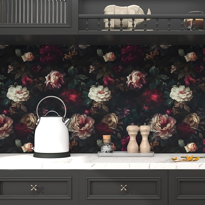 Fvlow Dark Flower Wallpaper Black Floral Peel and Stick Wall Paper 17.4" x 118" Vintage Romantic Contact Paper Waterproof Self Adhesive Goth Witchy Covering for Bedroom Cabinet Bathroom Home Decor Red