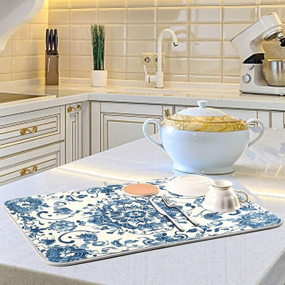 Absorbent Dishes Drainer Mat for Countertop Small Size 16 x 18, Microfiber Blue White Pattern Dish Drying Pads Kitchen Counter Draining Pad