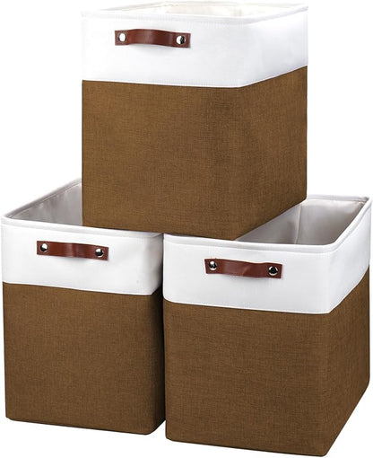 Large Fabric Storage Baskets | 50L Storage Bins, Decorative Linen Closet Baskets with Handles for Organizing, Shelf, Toys, Clothes, Home, Office, Nursery, 17x12x15Inches (Brown&White)