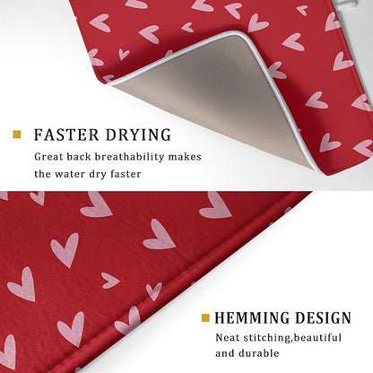 Valentines Dish Drying Mat for Kitchen Counter 18x24 Inch Valentine's Day Red Pink Love Heart Print Absorbent Reversible Microfiber Drying Mats Kitchen Countertop Protector Dishes Drainer Rack Pad