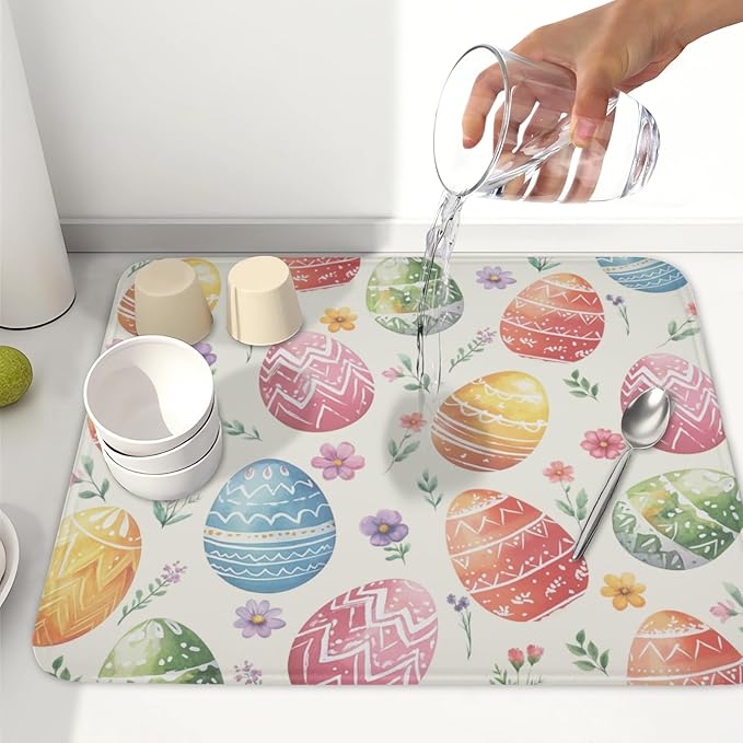 Easter Dish Drying Mat for Kitchen Counter Colorful Easter Eggs Floral Pattern Drying Mat 16x18 Inch Spring Holiday Absorbent Dish Drainer Mat Kitchen Accessories