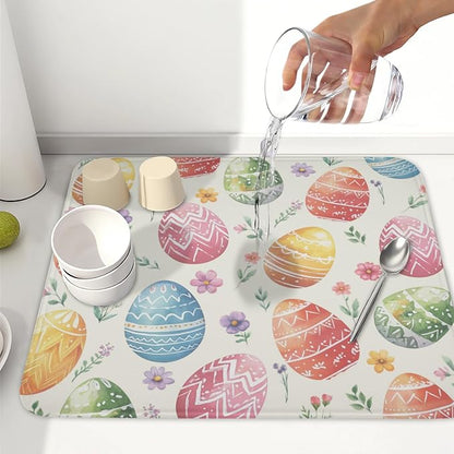 Easter Dish Drying Mat for Kitchen Counter Colorful Easter Eggs Floral Pattern Drying Mat 16x18 Inch Spring Holiday Absorbent Dish Drainer Mat Kitchen Accessories