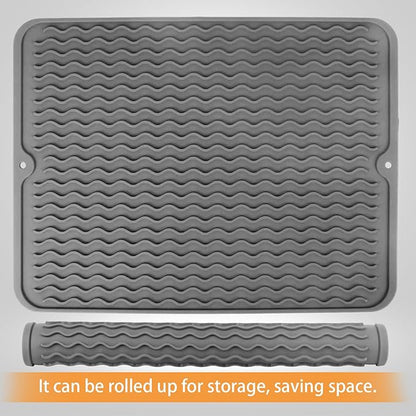 Silicone Dish Drying Mat, Easy Clean, Eco-Friendly, Heat-Resistant, Grey, Food-Grade Silicone Dish Drying Mat for Kitchen Counter, Dishes, Refrigerator or Drawer Liner (16” x 12”)