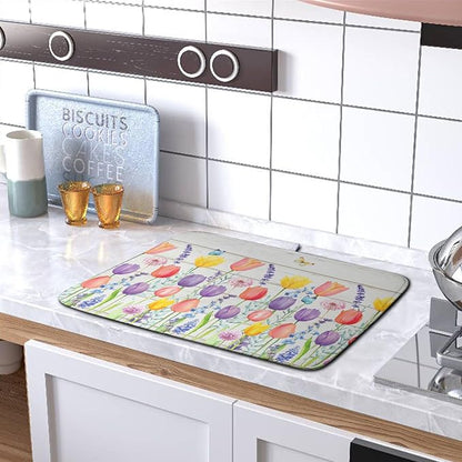 Tulip Floral Dish Drying Mat for Kitchen Counter Watercolor Spring Flower Dish Mat Absorbent Microfiber Dish Draining Mat Reversible Heat Resistant Dishes Pad Large 18 x 24 Inch