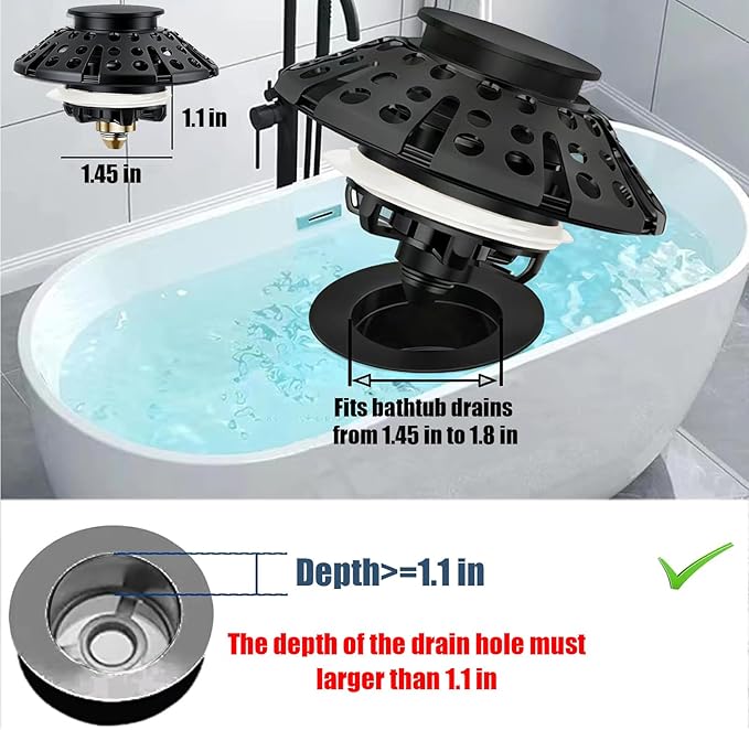Bathtub Drain Stopper, Pop Up Tub Stopper Plug with Bathtub Drain Hair Catcher Cover, Universal for 1.45 in to 1.8 in Tub Drain, Matte Black