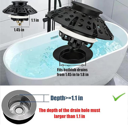 Bathtub Drain Stopper, Pop Up Tub Stopper Plug with Bathtub Drain Hair Catcher Cover, Universal for 1.45 in to 1.8 in Tub Drain, Matte Black