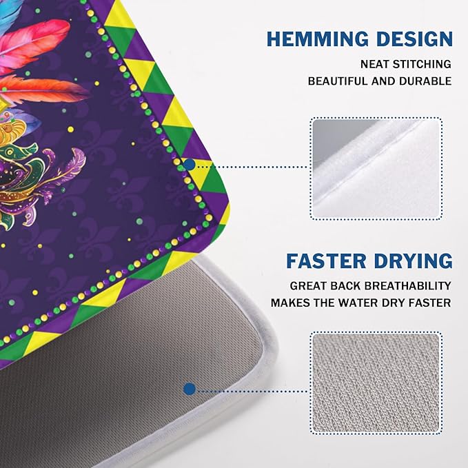 Mardi Gras Dish Drying Mat for Kitchen Counter Masquerade Mask Feather Drying Mats Absorbent Reversible Microfiber Washable Draining Pad Washable Dry Mat 18x24 Inch