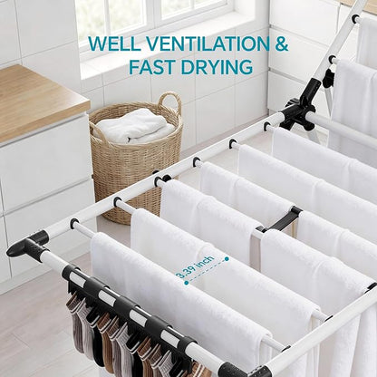 RUIE Clothes Drying Rack with 2 Tier Adjustable Design, 21 Rails Heavy Duty Laundry Drying Rack with Side Clips and Shoe Holders, Foldable Clothes Drying Rack for Indoor and Outdoor Use