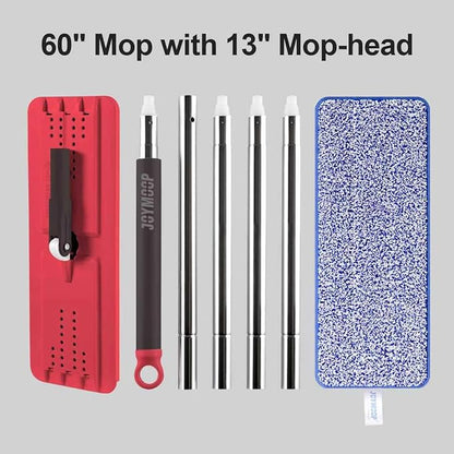 JOYMOOP Flat Mop, Microfiber Mops for Floor Cleaning and Wall Cleaner, 60" Long Handle with Flexible 13" Flat Head with a Microfiber Mop Pad - Black & Red