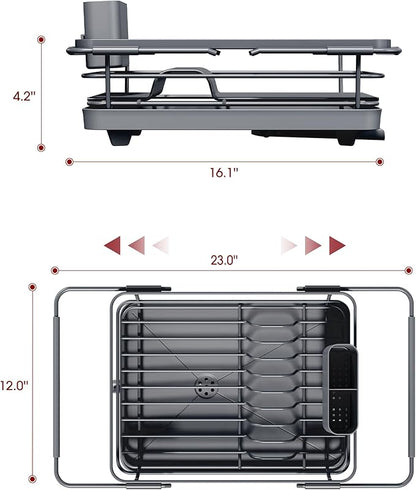 Sakugi Extendable Dish Drying Rack Over Sink with Dish Drainer, Sink Organization and Storage Essentials with Silverware & Utensil Holder, Home and Apartment Decor, 12" W x 16.1~23" L, Gray