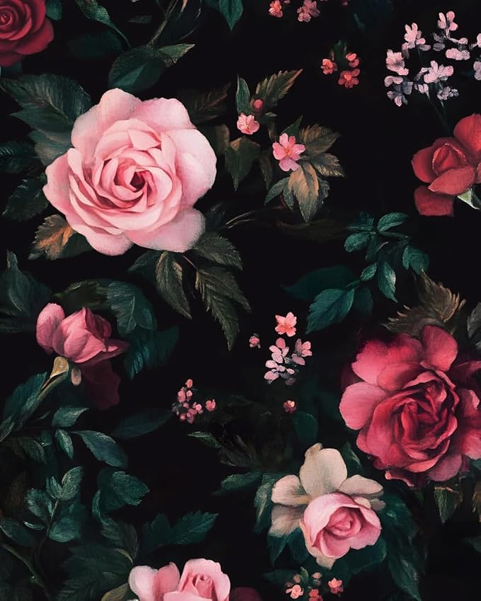 Fvlow Vintage Wallpaper Dark Floral Peel and Stick 17.4" x 394" Boho Contact Paper Waterproof Removable Wall Covering for Bedroom Kitchen Countertop Desk Home Decor