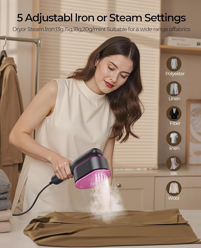 Travel Steamer for Clothes Adequate Portable: 2-in-1 Mini Handheld Garment Steamer Iron - 15s Heat Up & 5 Adjustable Steam - Large Ceramic Panel - 110-120V