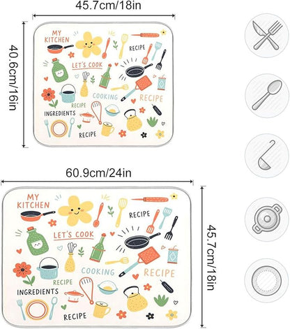 Absorbent Dish Drying Mat Kitchen Doodle Pattern Kitchen Counter Mat Protector,Reversible,Extra Large 24 x 18 Inches