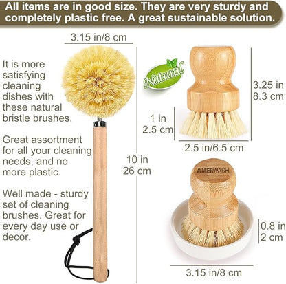 Wooden Dish Brush Set Clean Pots, Pans and Vegetable, Natural Bristles Bamboo Scrub Brushes with Ceramic Dish - 1 Long Handle Dish Brush + 2 Palm Scrubbing Brush