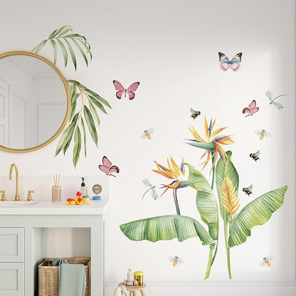 Large Peel and Stick Floral Bouquet Wall Decals Flowers Wall Stickers for Living Room Bedroom Accent Wall Decor, 22 PCS Bird of Paradise Tropical