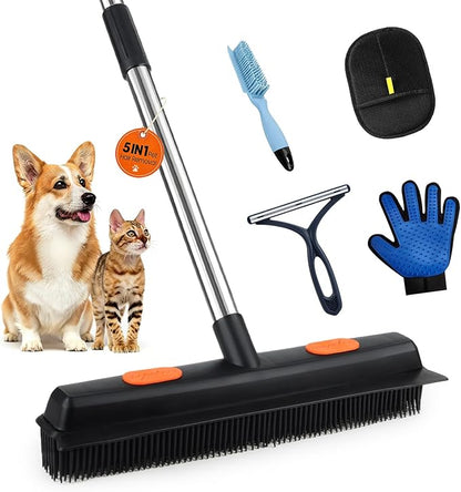 Carpet Rake for Pet Hair Removal, 5 in 1 Reusable Pet Hair Removal Tool Kit, Cat & Dog Hair Carpet Rake, Adjustable Long Handle Pet Hair Removel Tool, Pet Hair Broom for Carpet, Rugs, Mats, Furniture