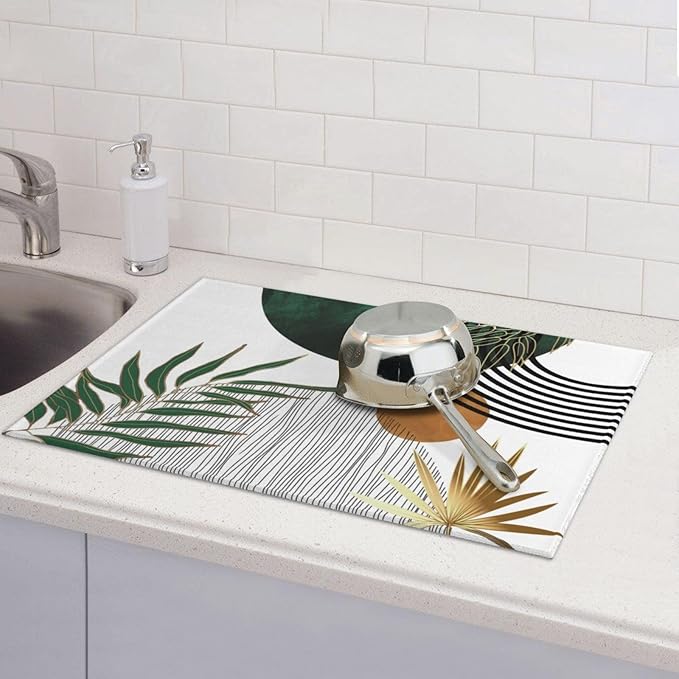 Mid Century Dish Drying Mat 18x24 Inch Boho Green Gold Tropical Leaf Sunset Kitchen Decoration Drying Mat Modern Abstract Decorative Drying Pad for Home Kitchen Decor,Dining Room,Office