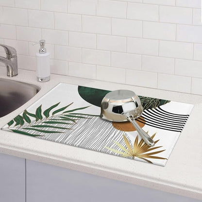 Mid Century Dish Drying Mat 18x24 Inch Boho Green Gold Tropical Leaf Sunset Kitchen Decoration Drying Mat Modern Abstract Decorative Drying Pad for Home Kitchen Decor,Dining Room,Office