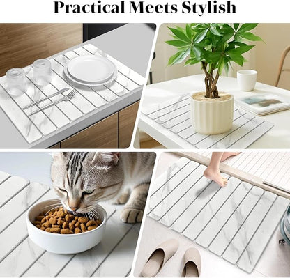 Large Stone Dish Drying Mats for Kitchen Counter, 24"(L)×16"(W) Marble-Pattern, Fast Drying Collapsible Dish Drying Mat, Eco-Friendly Absorbent Diatomaceous Earth Mats for Tableware, Match Countertop