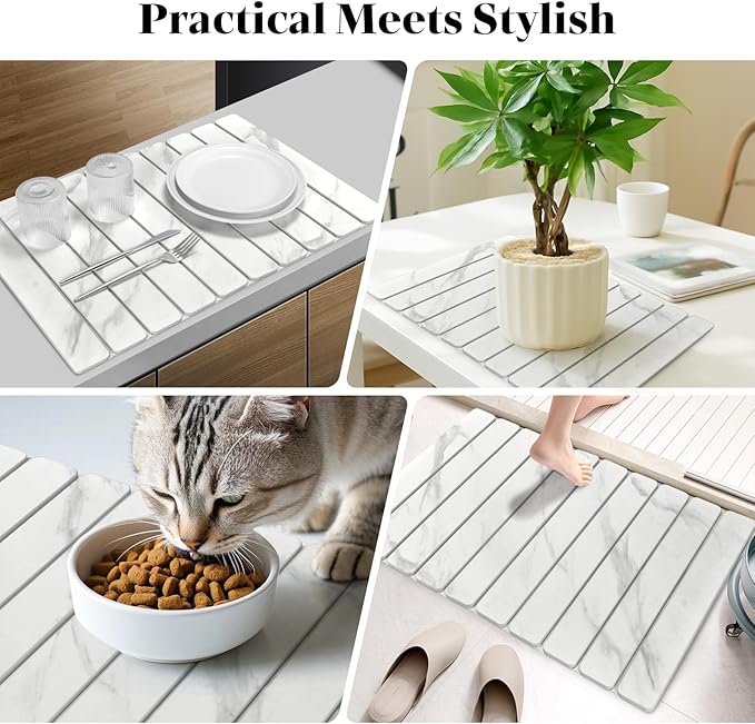 Large Stone Dish Drying Mats for Kitchen Counter, 24"(L)×16"(W) Marble-Pattern, Fast Drying Collapsible Dish Drying Mat, Eco-Friendly Absorbent Diatomaceous Earth Mats for Cups, Match Countertop
