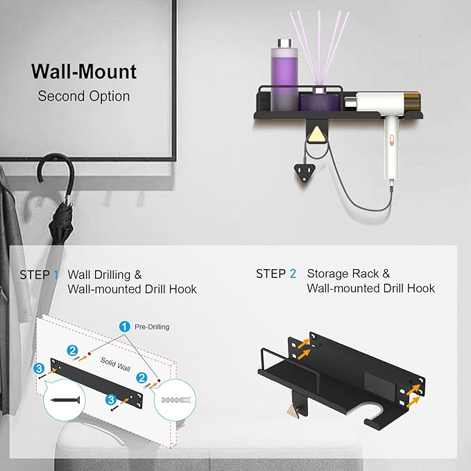Handheld Garment Steamer Stand with Ironing Gloves Universal Organizer Wall Mounted/Over the Door Free-Standing Metal Holder Bathroom Storage DIY Cabinet Door Heat Safe Rack (Black)