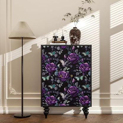 Fvlow Black Foral Wallpaper Peel and Stick Dark Purple Rose Contact Paper 17.4" x 393", Waterproof Self-Adhesive Flower Butterfly Wall Paper for Bedroom Countertop Desk Cabinets Decor Renter Friendly