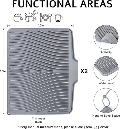 TIKNIK Silicone Dish Drying Mat, Stone Drying Mat for Kitchen Counter with Built-In Drain, Non-Slip Drain Pad with Built-in Drain, Heat Resistant Stone Drying Mat, Hangable, Grey-2pcs, 20" x 15"