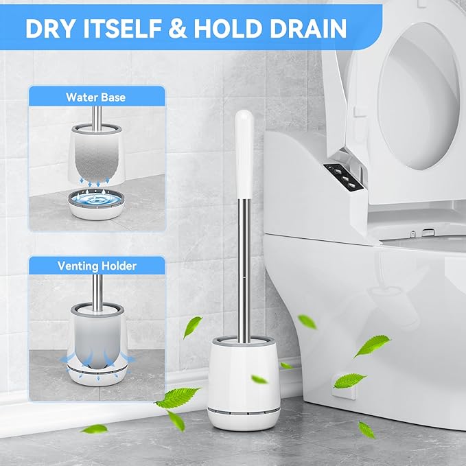 Toilet Brush, Toilet Brush and Holder with 304 Stainless Steel Handle, Space Saving Toilet Bowl Brush for Storage, Durable Bristles Toilet Scrubber for Bathroom Cleaning (3, White)