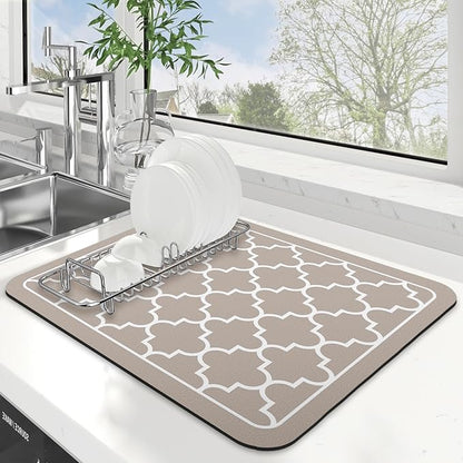 WISELIFE Dish Drying Mat Super Absorbent Drying Mat Large Dish Drying Mats for Kitchen Counter Easy Clean Dish Mat Kitchen Drying Mat15"x 18" Stylish Khaki