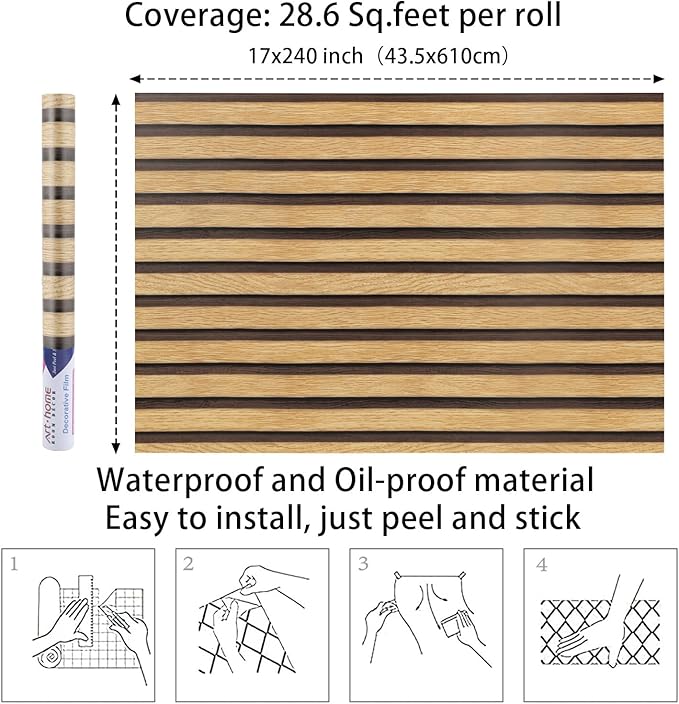 Arthome 17''x240'' Wood Slat Wallpaper Peel and Stick Self Adhesive Wood Wallpaper PVC Vinyl Decorative Removable Wallpaper Waterproof Faux Wood Grating Stripe Contact Paper for Living Room Bedroom