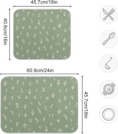 Sage Green Dish Drying Mat Quick Absorbent 18x24 Doodled Botany Flowers Leaves Herbs Plants Kitchen Drying Mat for Countertop Sink Reusable Dishes Mats Kitchen Essentials